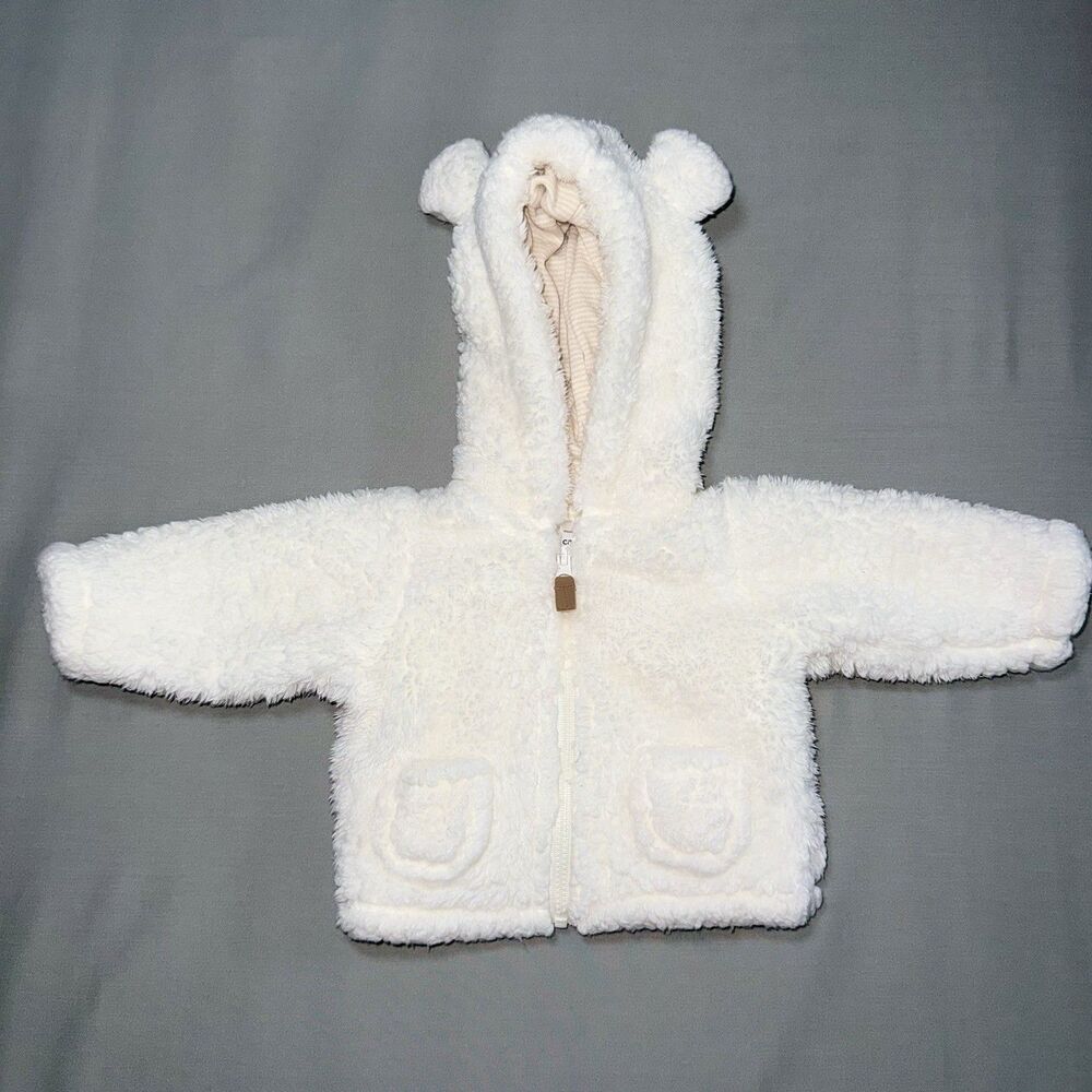 Carter's Ivory Hooded Fuzzy Full Bear Ear Zip Newborn Jacket